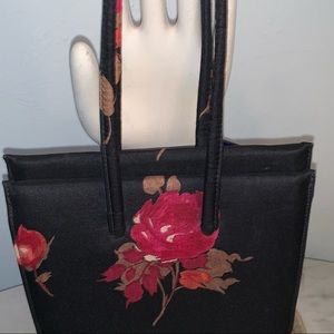 Vintage Lennox  Handbag in Black Fabric with Roses